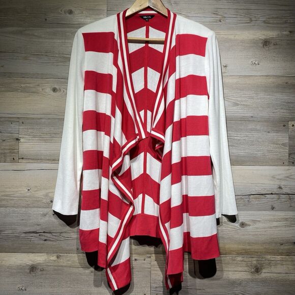 Misook Draped Waterfall Cardigan Sweater Open Front Sz. Medium Pink White Stripe - Picture 1 of 9